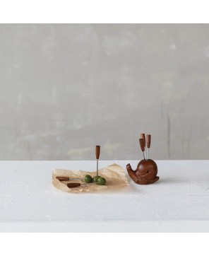Wood Snail Shaped Holder with Appetizer Picks – Set of 7