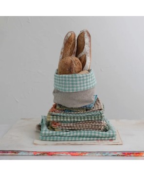Hand-Woven Linen Bread Basket w/ Aqua Gingham Lining – Farmhouse Style