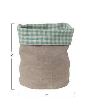 Hand-Woven Linen Bread Basket w/ Aqua Gingham Lining – Farmhouse Style