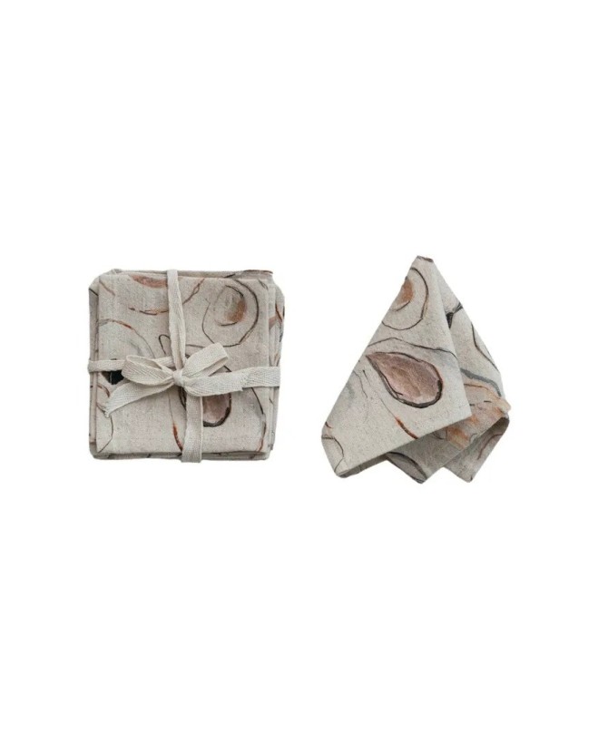 Cotton & Linen Printed Cocktail Napkins w/ Oysters Pattern, Set of 4
