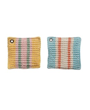 Woven Cotton Waffle Weave Pot Holder with Stripes & Grommet