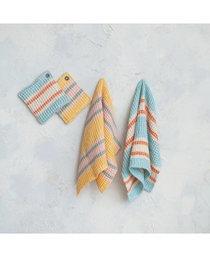 Woven Cotton Waffle Weave Pot Holder with Stripes & Grommet