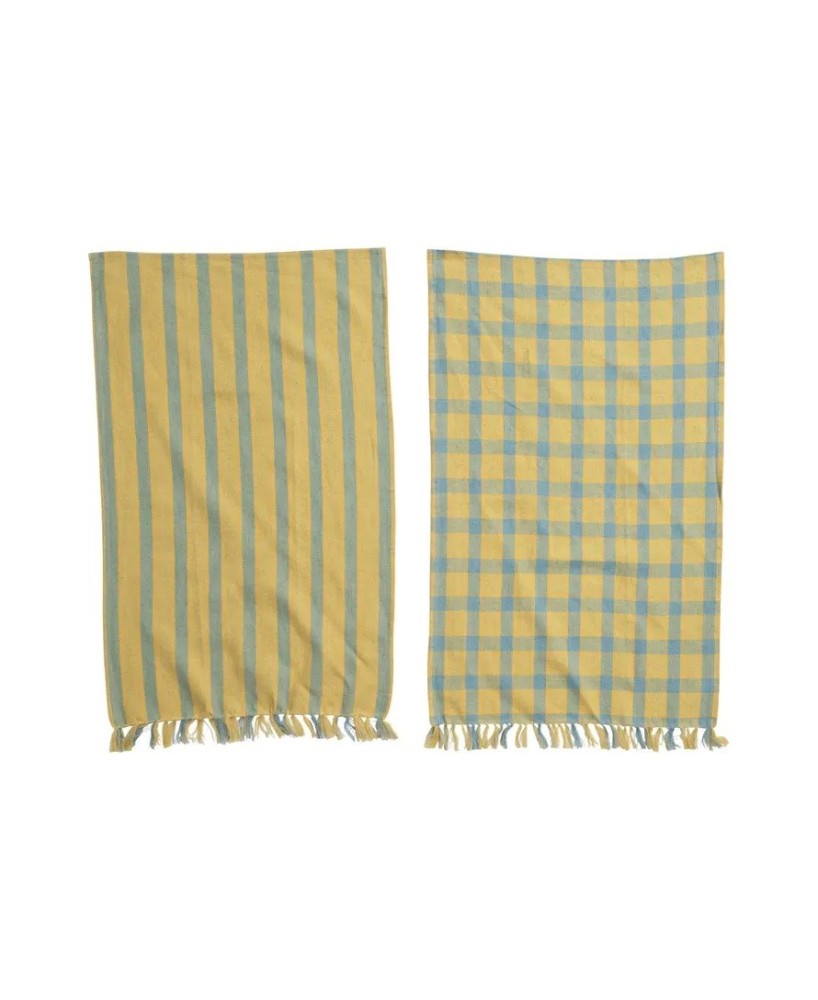 Woven Cotton & Linen Tea Towels with Fringe – Set of 2, Yellow & Blue Woven Cotton & Linen Tea Towels with Fringe – Set of 2, Yellow & Blue