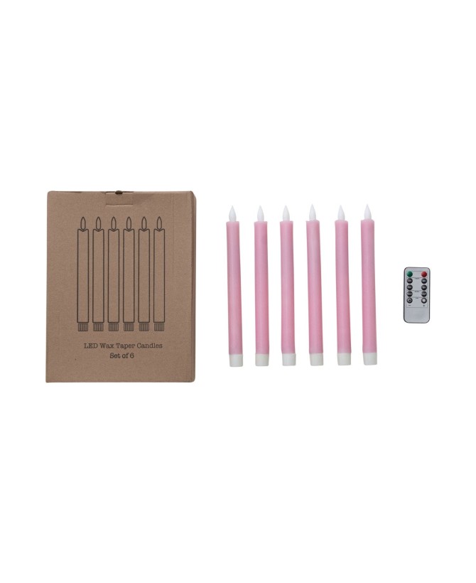 Flameless LED Wax Taper Candles Pink Set of 6 with Timer & Remote
