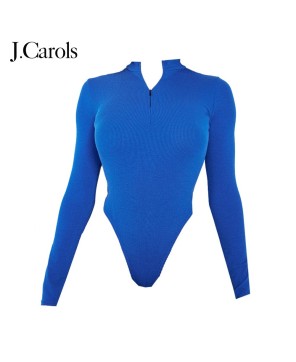 J.Carols® Bright Blue Rib Half Zip Bodysuit - Standout Style