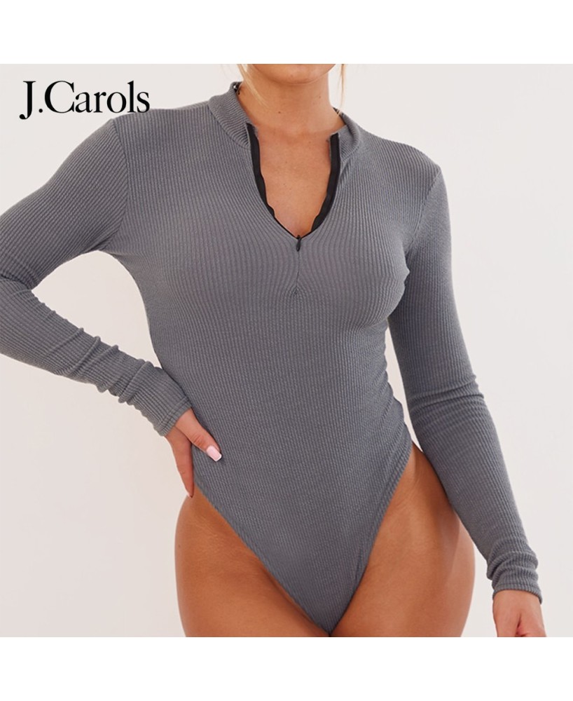 J.Carols® Charcoal Rib Half Zip Bodysuit - Redefine Your Style