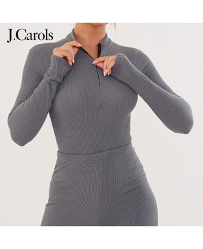 J.Carols® Charcoal Rib Half Zip Bodysuit - Redefine Your Style