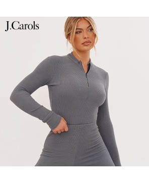 J.Carols® Charcoal Rib Half Zip Bodysuit - Redefine Your Style