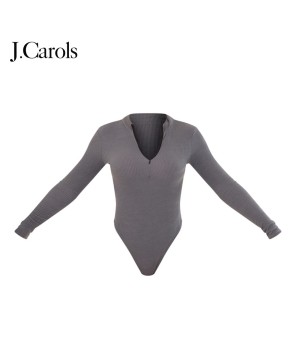 J.Carols® Charcoal Rib Half Zip Bodysuit - Redefine Your Style