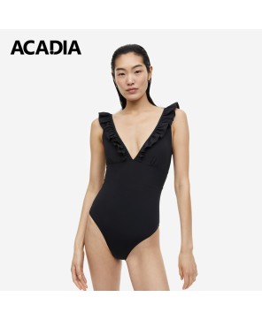 Acadia® Padded-Cup V-Neck Swimsuit - Elegant Black Sleeveless Bathing Suit