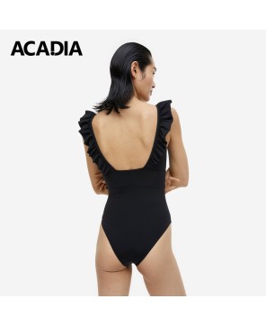 Acadia® Padded-Cup V-Neck Swimsuit - Elegant Black Sleeveless Bathing Suit