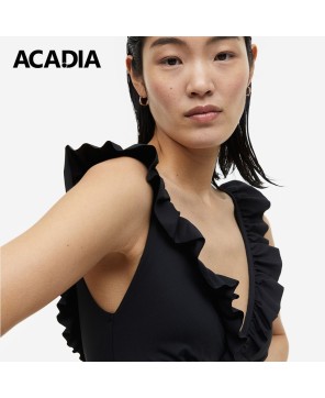 Acadia® Padded-Cup V-Neck Swimsuit - Elegant Black Sleeveless Bathing Suit