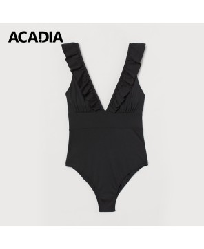 Acadia® Padded-Cup V-Neck Swimsuit - Elegant Black Sleeveless Bathing Suit