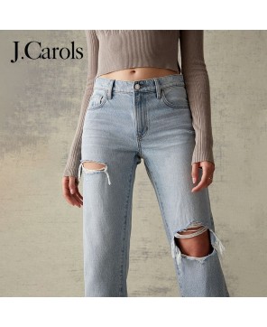 J.Carols® Eco Light Blue Ripped Stretch Straight Leg Jeans - Elevate Your Denim Game with Sustainable Style