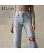 J.Carols® Eco Light Blue Ripped Stretch Straight Leg Jeans - Elevate Your Denim Game with Sustainable Style