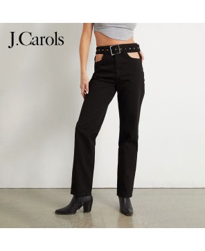 J.Carols® Black Cutout Straight Leg Jeans – Edgy High-Rise Denim