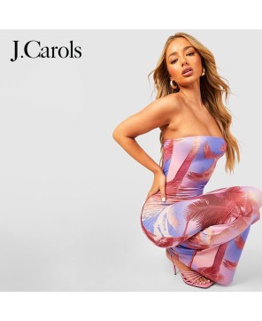 J.Carols® Bandeau Palm Print Slinky Maxi Dress: Tropical Elegance