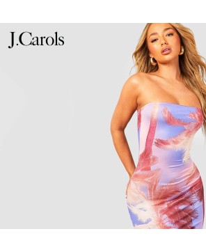 J.Carols® Bandeau Palm Print Slinky Maxi Dress: Tropical Elegance