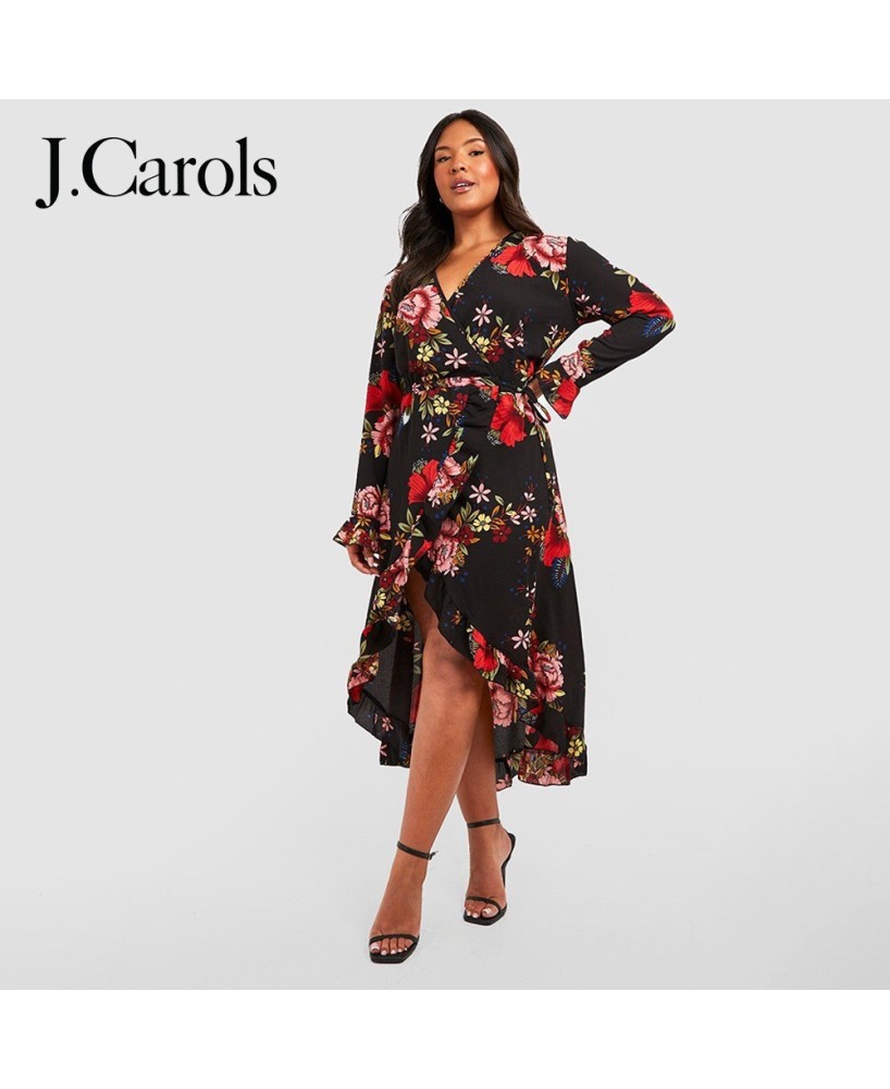 J.Carols® Plus Wrap Floral Midi Dress: Elegant Curves