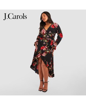 J.Carols® Plus Wrap Floral Midi Dress: Elegant Curves