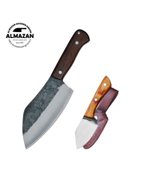 Almazan® Handmade Cleaver Chef and Skinning Knife Set with Leather Sheaths