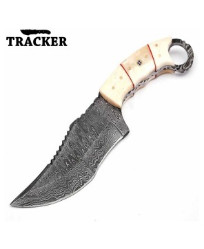 Tracker® Handmade Damascus Steel Camping Tracker Knife Set - Unique Designs, Bone and Wood Handles, Leather Sheath