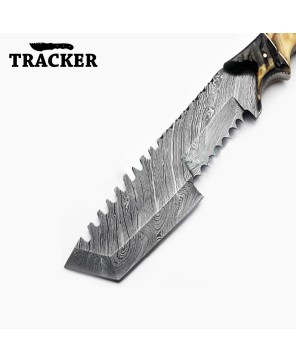 Tracker® Handmade Damascus Steel Camping Tracker Knife Set - Unique Designs, Bone and Wood Handles, Leather Sheath