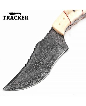 Tracker® Handmade Damascus Steel Camping Tracker Knife Set - Unique Designs, Bone and Wood Handles, Leather Sheath