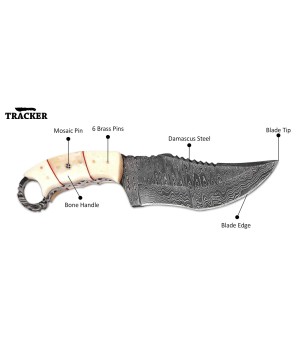 Tracker® Handmade Damascus Steel Camping Tracker Knife Set - Unique Designs, Bone and Wood Handles, Leather Sheath