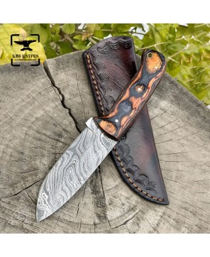 Handmade Damascus Steel Bushcraft Knife Ergonomic Olive Wood Handle