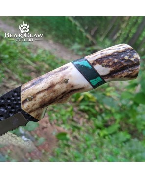 Custom Handmade Carbon Steel Hunting Knife with Deer Antler Handle