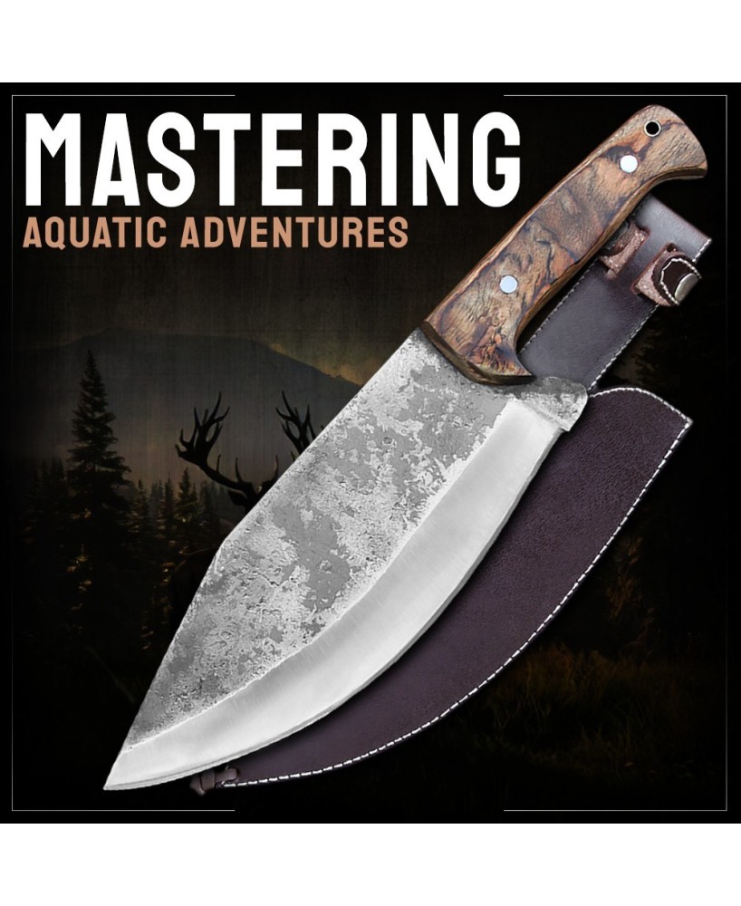 Almazan® Wilderness Series Custom Handmade Carbon Steel Hunting Knife with Color Wood Handle and Leather Sheath