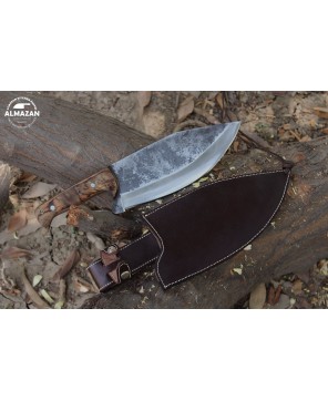 Almazan® Wilderness Series Custom Handmade Carbon Steel Hunting Knife with Color Wood Handle and Leather Sheath