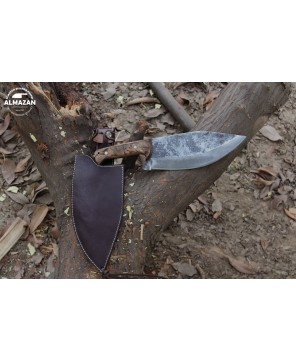 Almazan® Wilderness Series Custom Handmade Carbon Steel Hunting Knife with Color Wood Handle and Leather Sheath