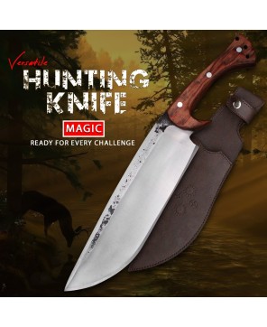 Almazan® High Carbon Steel Hunting Knife - Reliable Outdoor Tool with Color Wood Handle and Leather Sheath