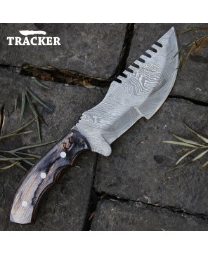 Customized Wood Handle Damascus Tracker Knife - Full Tang Blade