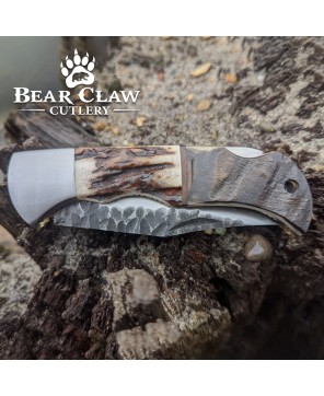 Custom Handmade Carbon Steel Folding Knife with Deer Antler & Ram Horn