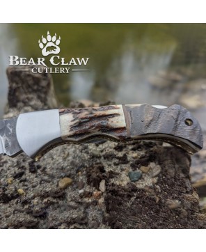 Custom Handmade Carbon Steel Folding Knife with Deer Antler & Ram Horn