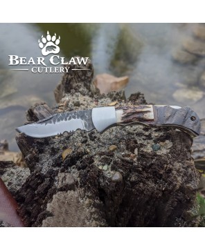 Custom Handmade Carbon Steel Folding Knife with Deer Antler & Ram Horn