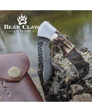 Custom Handmade Carbon Steel Folding Knife with Deer Antler & Ram Horn