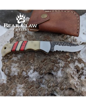 Custom Handmade Carbon Steel Folding Knife Buffalo Bone Handle