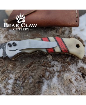 Custom Handmade Carbon Steel Folding Knife Buffalo Bone Handle