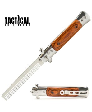 Automatic Push Button Folding Comb Switchblade Knife Wood Handle by Tactical Knife Club