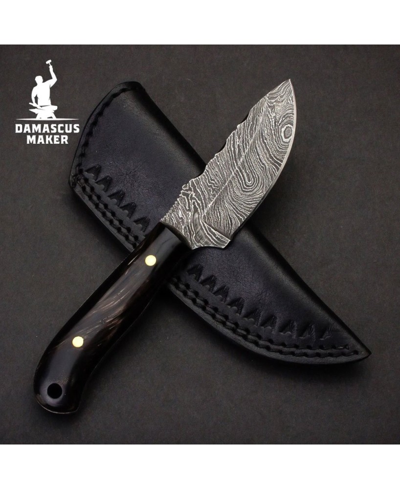 Damascus Steel Skinning Knife with Leather Sheath