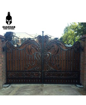 Royal Luxurious Victorian Style Steel Driveway Gate | c/w Pressure Treated Stained Wood- Metal Entrance Gate