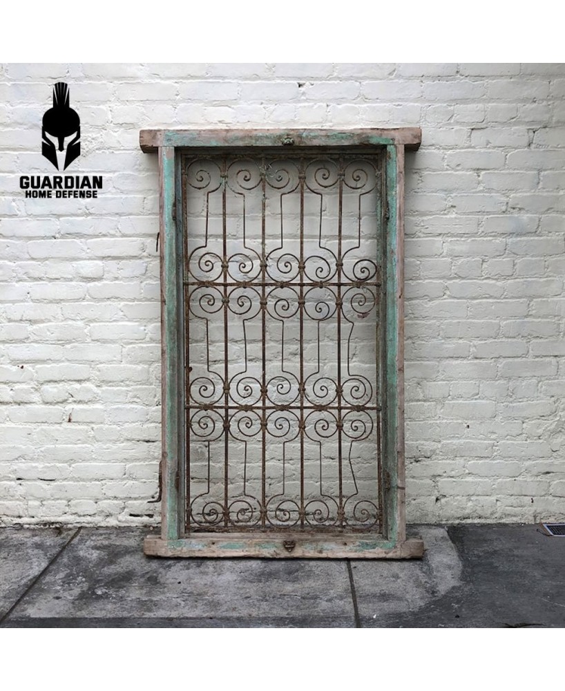 Antique Wrought Iron and Wood Window Grate, Antique Victorian Architectural Wrought Iron Grille,