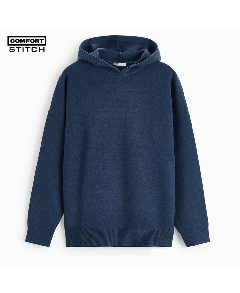 Comfort Stitch Blue Knit Hoodie - Stylish & Sustainable Comfortwear