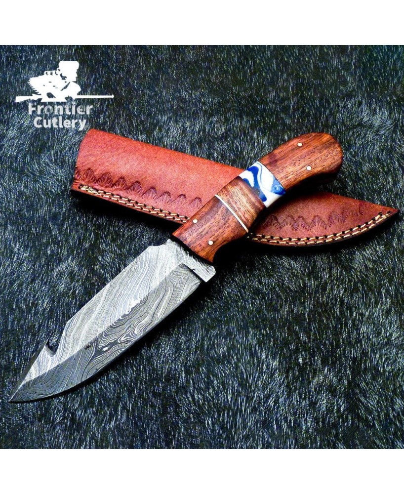 Custom hand-forged Damascus steel 10" camping hunting knife