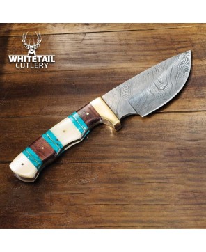 Damascus Hunting Knife - Bone & Turquoise