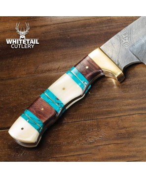 Damascus Hunting Knife - Bone & Turquoise